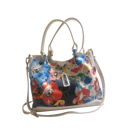 Sharif Handbags - Sharif 1827 Floral Watercolor Print Multi-Pocket Leather Hobo/Shoulder Bag
